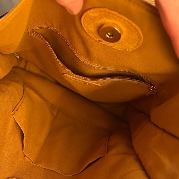 ah-dorned Crossbody Shoulder Bag Camel Faux Suede Reversible Multi Colored Strap - Picture 4 of 8